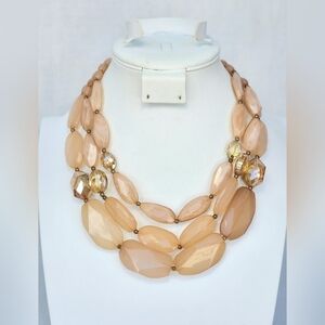 Translucent Beige Faceted Gold Beaded Triple Strand/Tiered Statement Necklace
